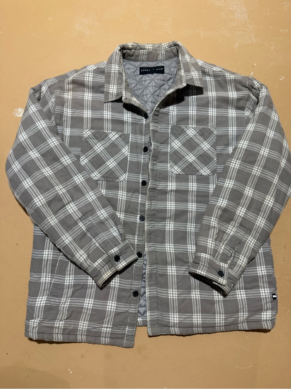 Light Gray Plaid Quilted Flannel Shirt Jacket - Unknown Brand